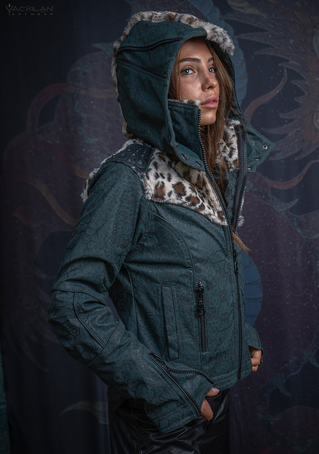 Hooded Jacket Woman / Fake Leather Fur - Bottlegreen Elephant SHAMANKA Leopard