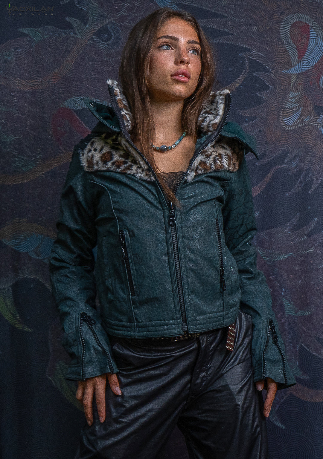 Hooded Jacket Woman / Fake Leather Fur - Bottlegreen Elephant SHAMANKA Leopard