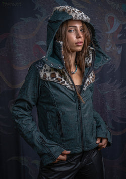 Hooded Jacket Woman / Fake Leather Fur - Bottlegreen Elephant SHAMANKA Leopard