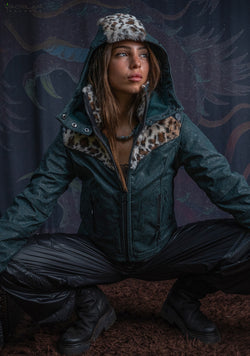 Hooded Jacket Woman / Fake Leather Fur - Bottlegreen Elephant SHAMANKA Leopard