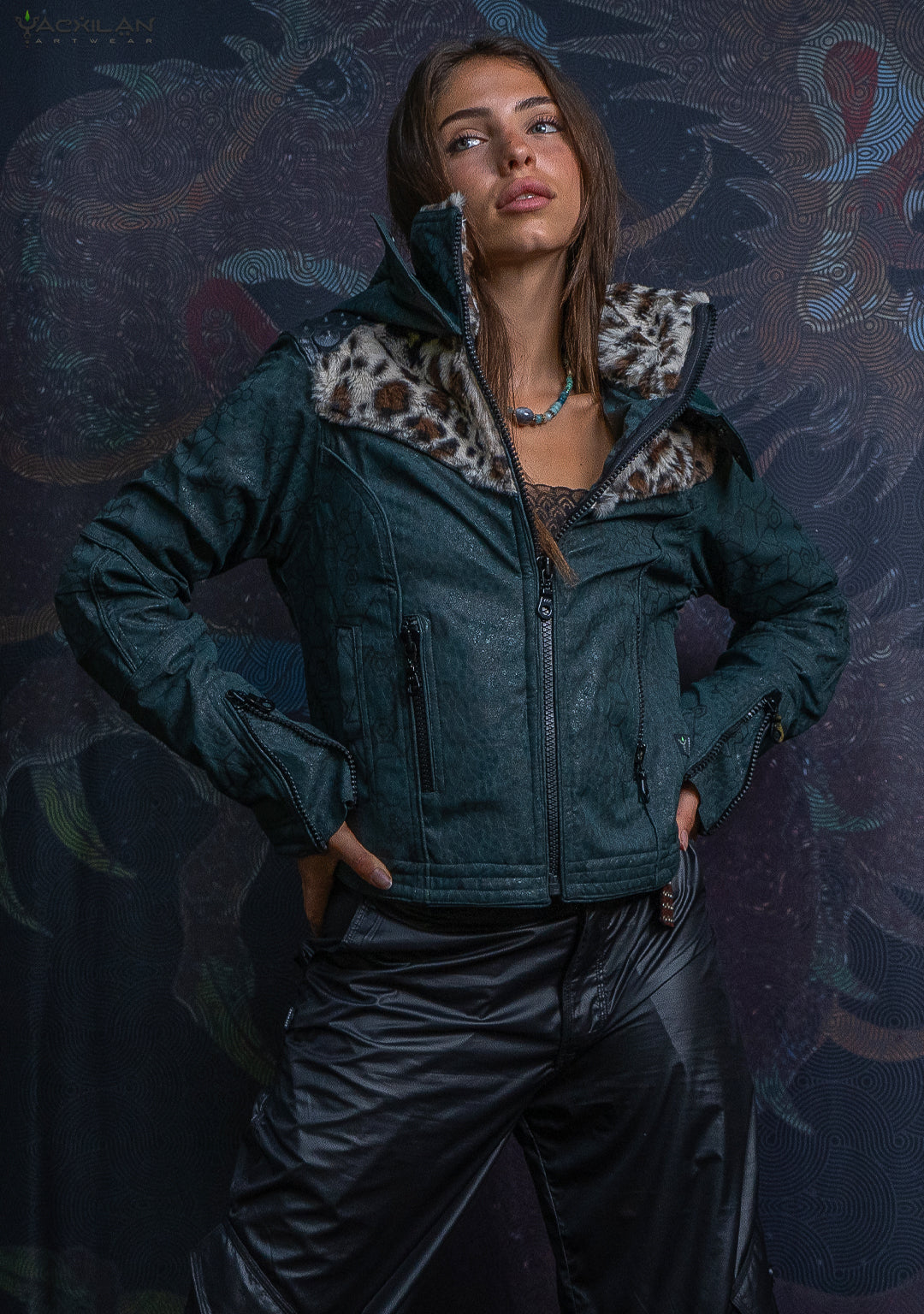 Hooded Jacket Woman / Fake Leather Fur - Bottlegreen Elephant SHAMANKA Leopard