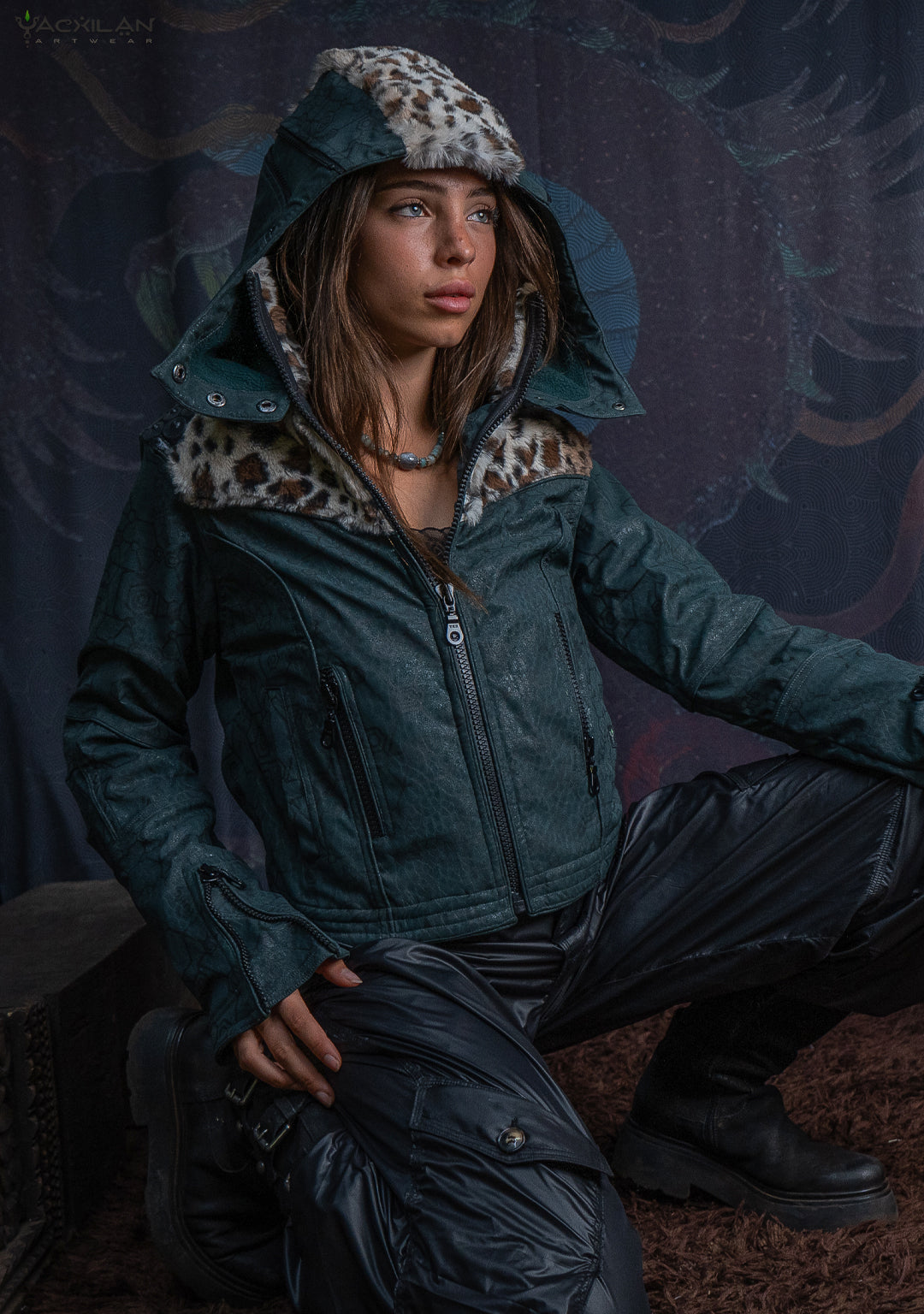 Hooded Jacket Woman / Fake Leather Fur - Bottlegreen Elephant SHAMANKA Leopard