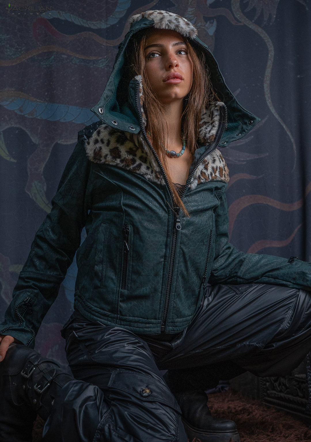 Hooded Jacket Woman / Fake Leather Fur - Bottlegreen Elephant SHAMANKA Leopard