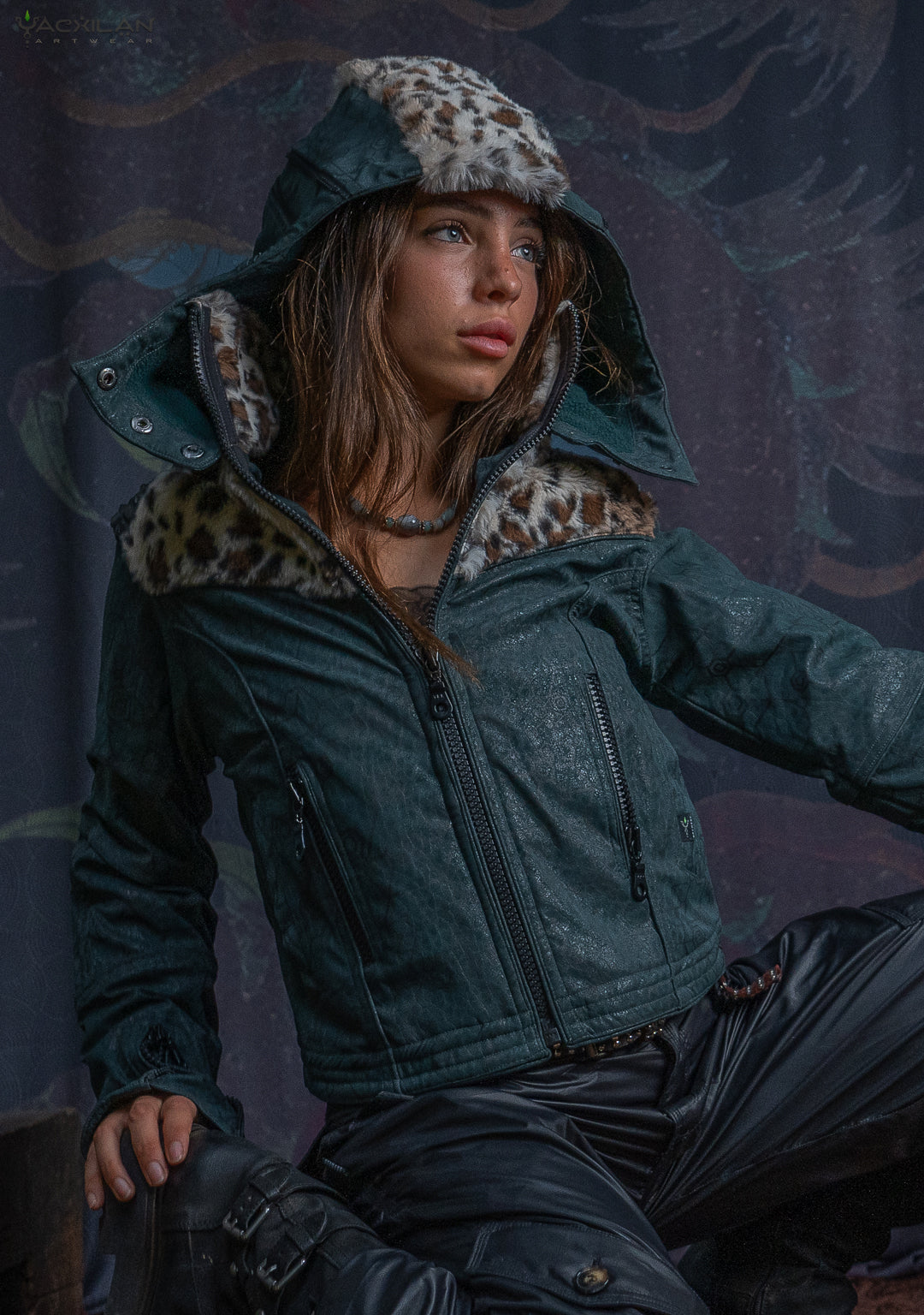 Hooded Jacket Woman / Fake Leather Fur - Bottlegreen Elephant SHAMANKA Leopard