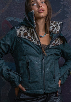 Hooded Jacket Woman / Fake Leather Fur - Bottlegreen Elephant SHAMANKA Leopard