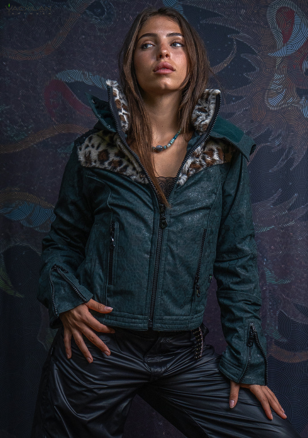 Hooded Jacket Woman / Fake Leather Fur - Bottlegreen Elephant SHAMANKA Leopard