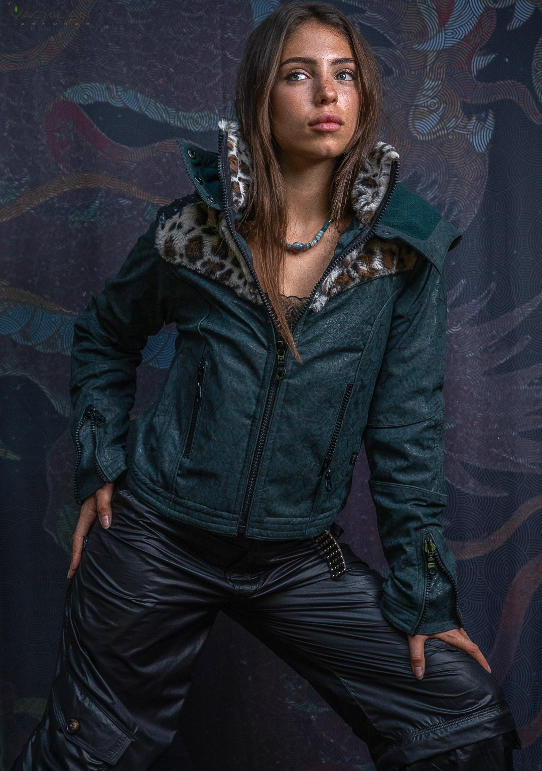 Hooded Jacket Woman / Fake Leather Fur - Bottlegreen Elephant SHAMANKA Leopard