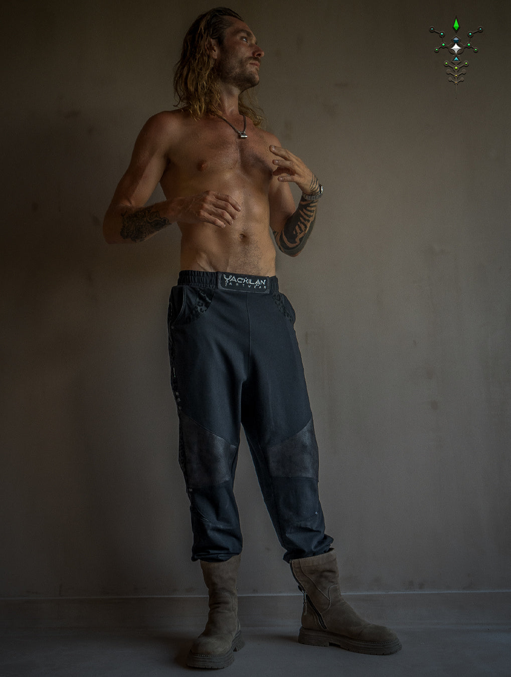 Pants Men Joggers / Cotton Fleece Fake Leather Patches - BLAK LEOPARD