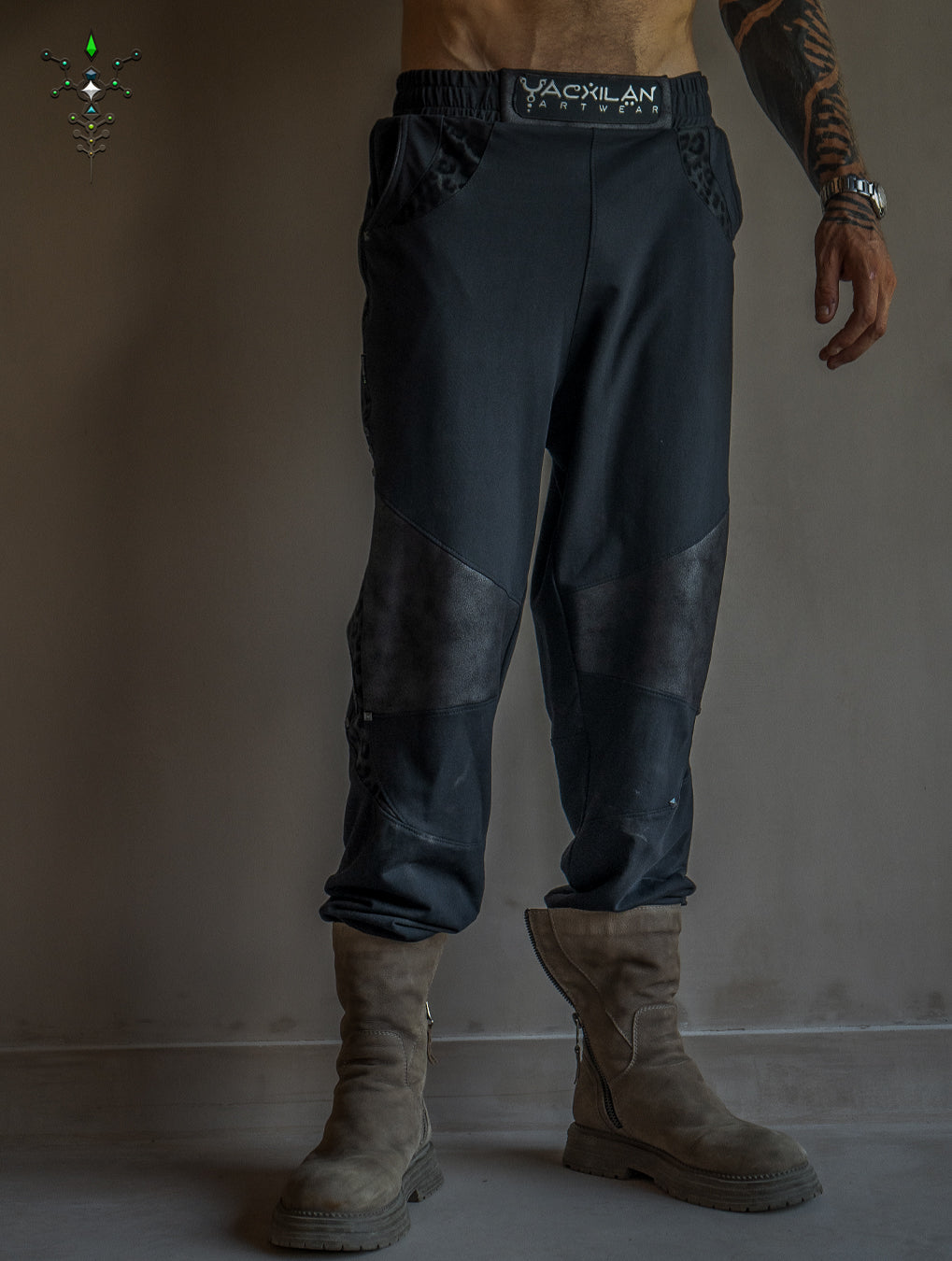 Pants Men Joggers / Cotton Fleece Fake Leather Patches - BLAK LEOPARD