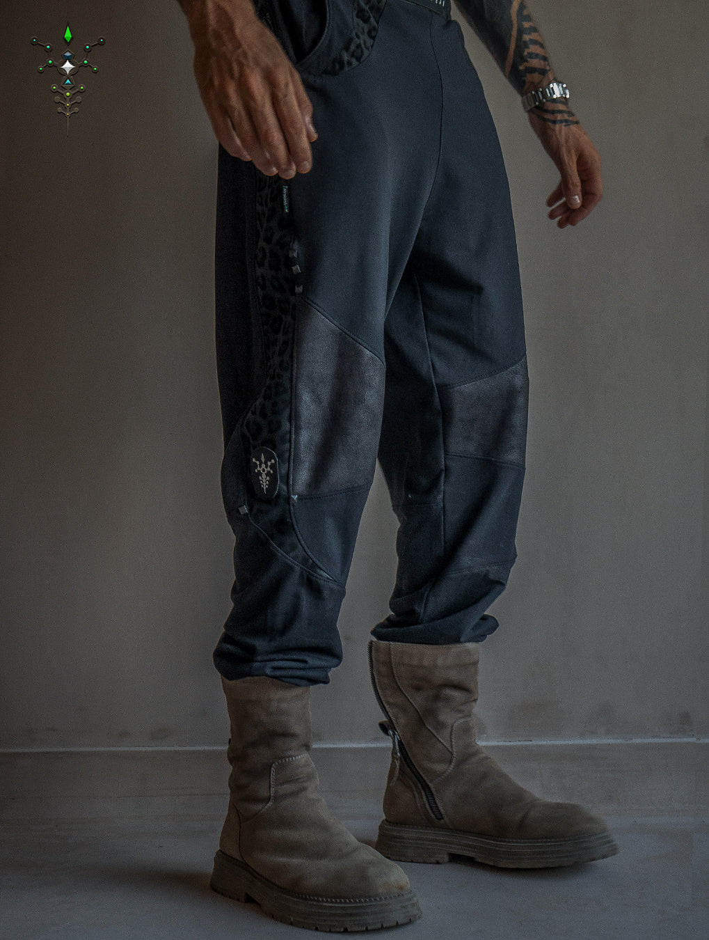 Pants Men Joggers / Cotton Fleece Fake Leather Patches - BLAK LEOPARD