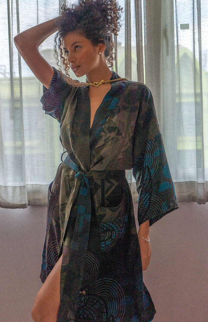 Japanese Kimono / Classic Chinese SILK  - CACAO TEAL