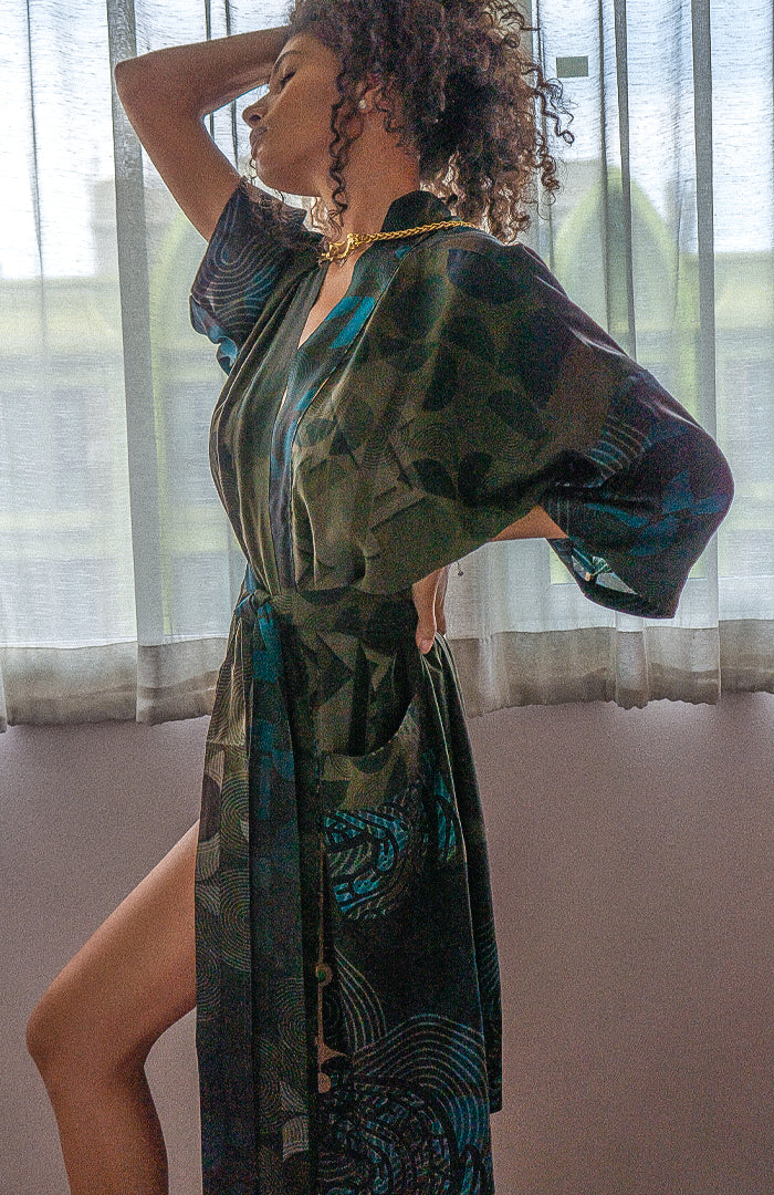 Japanese Kimono / Classic Chinese SILK  - CACAO TEAL