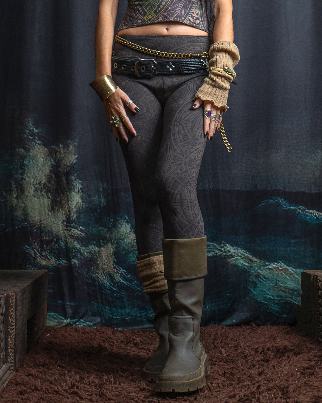 Leggings Yogawear Long / Organic Bamboo Jersey Veg Dye Veg Print - Charcoal POPPYFIELDS