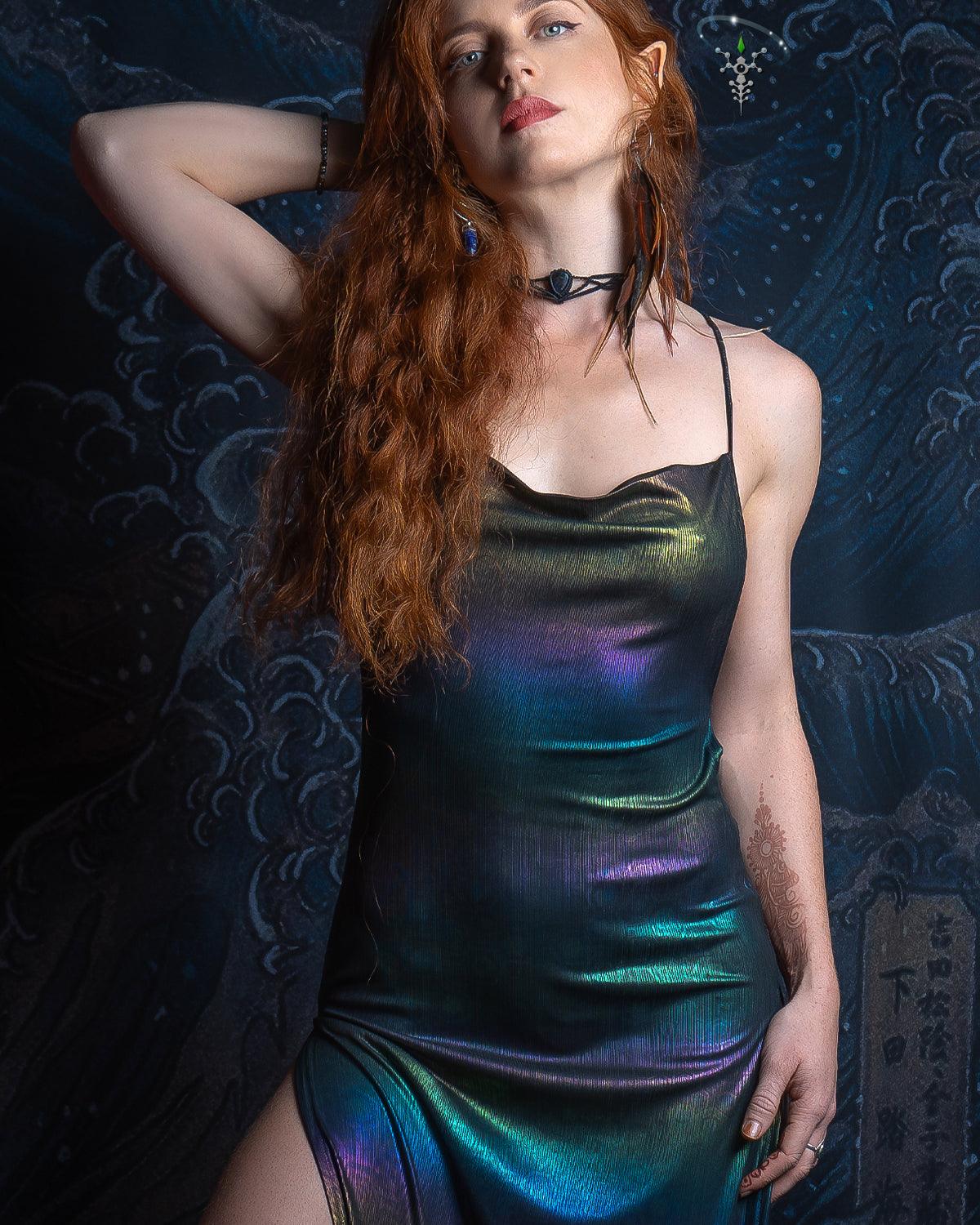 Long Bomb Dress / Holographic Rainbow- MYCELIUM - Yacxilan Artwear