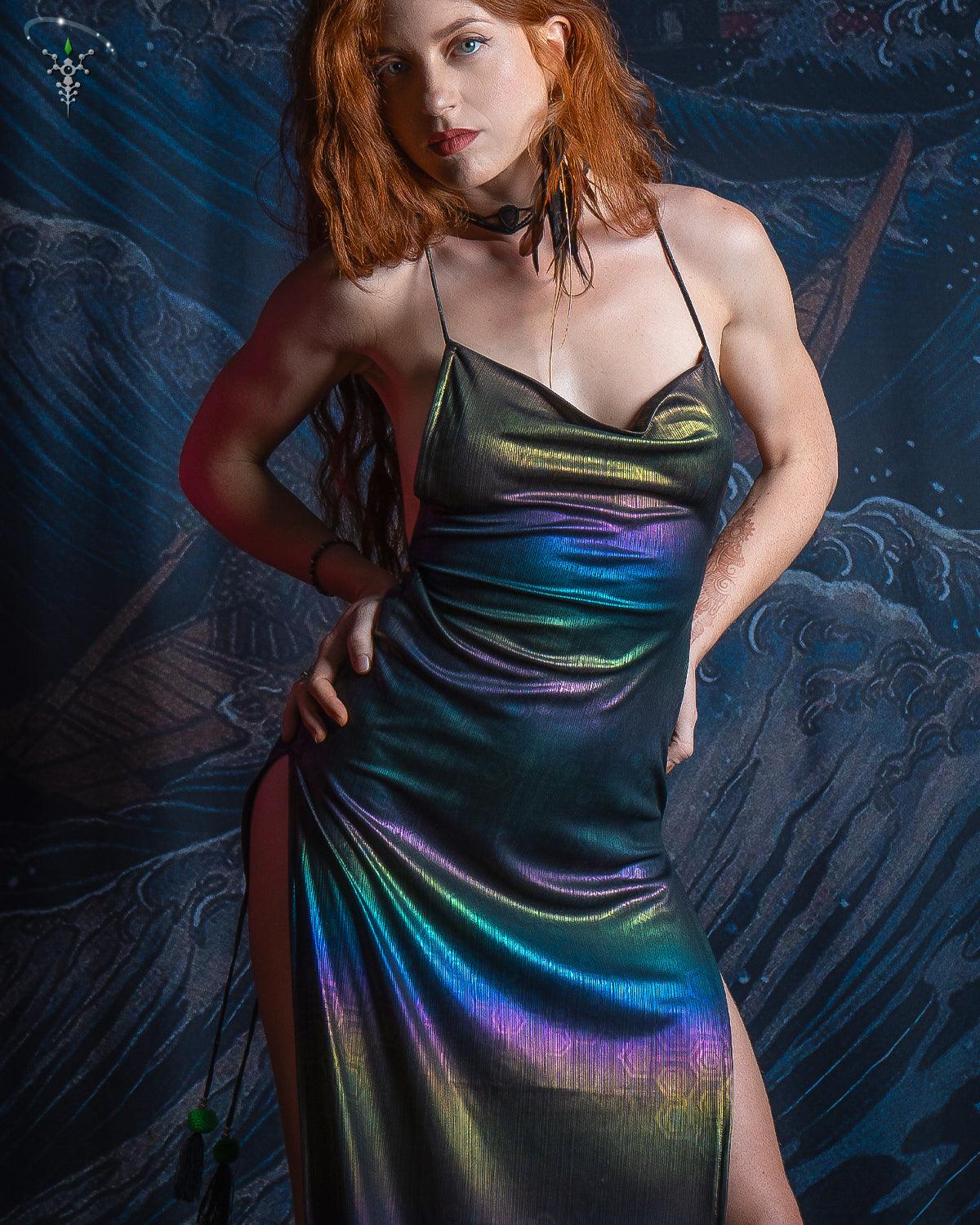 Long Bomb Dress / Holographic Rainbow- MYCELIUM - Yacxilan Artwear