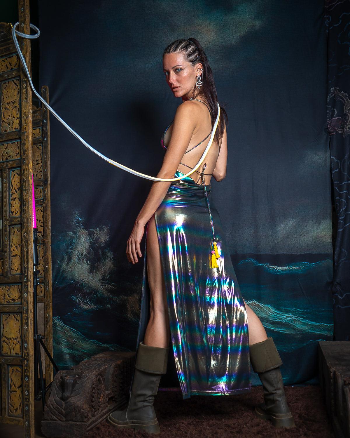 Long Bomb Dress / Holographic Rainbow- SILVER Yacxilan Artwear