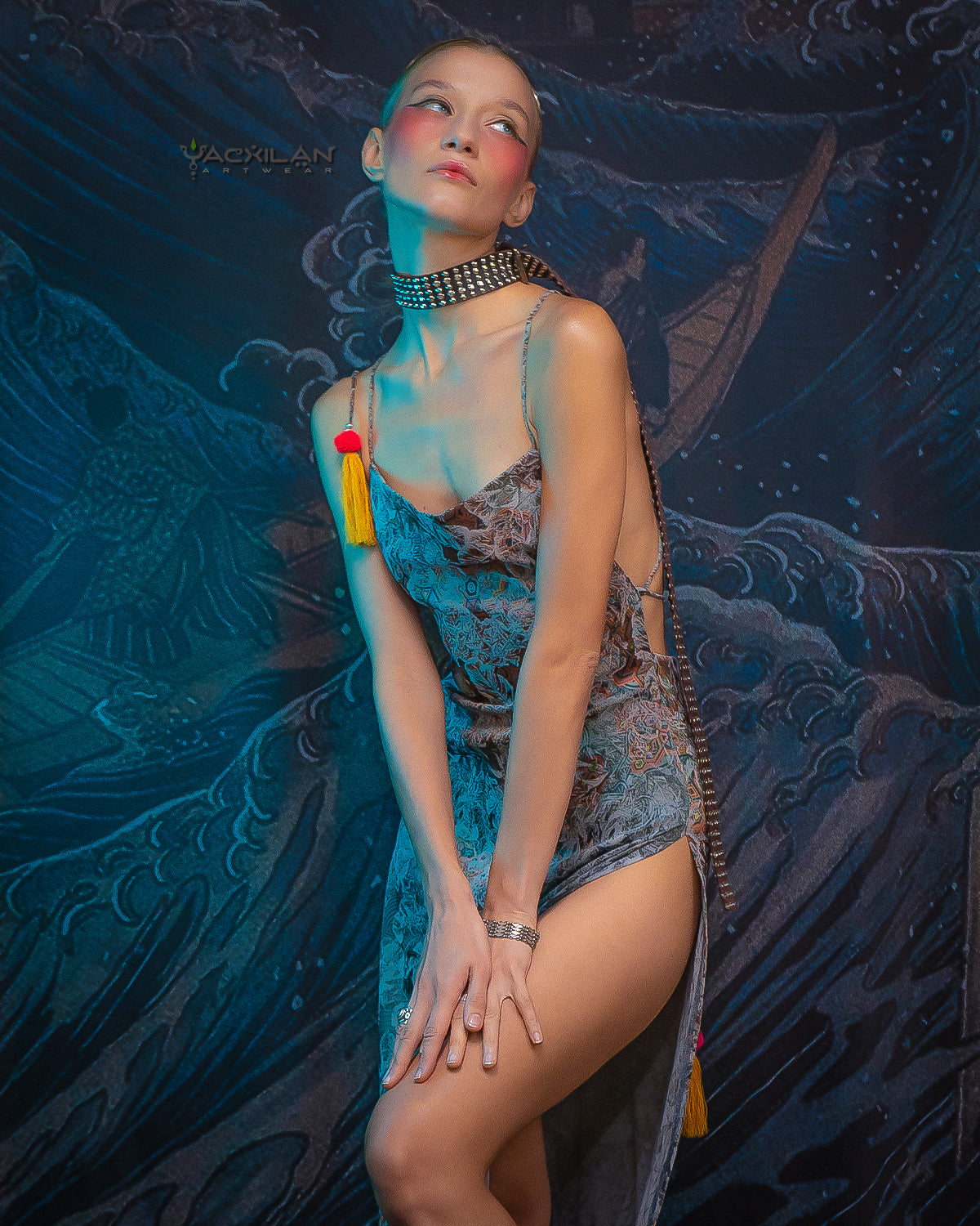 Long BOMB DRESS / Silk Stretchy Jaquard Flower Silver - ATLANTIS