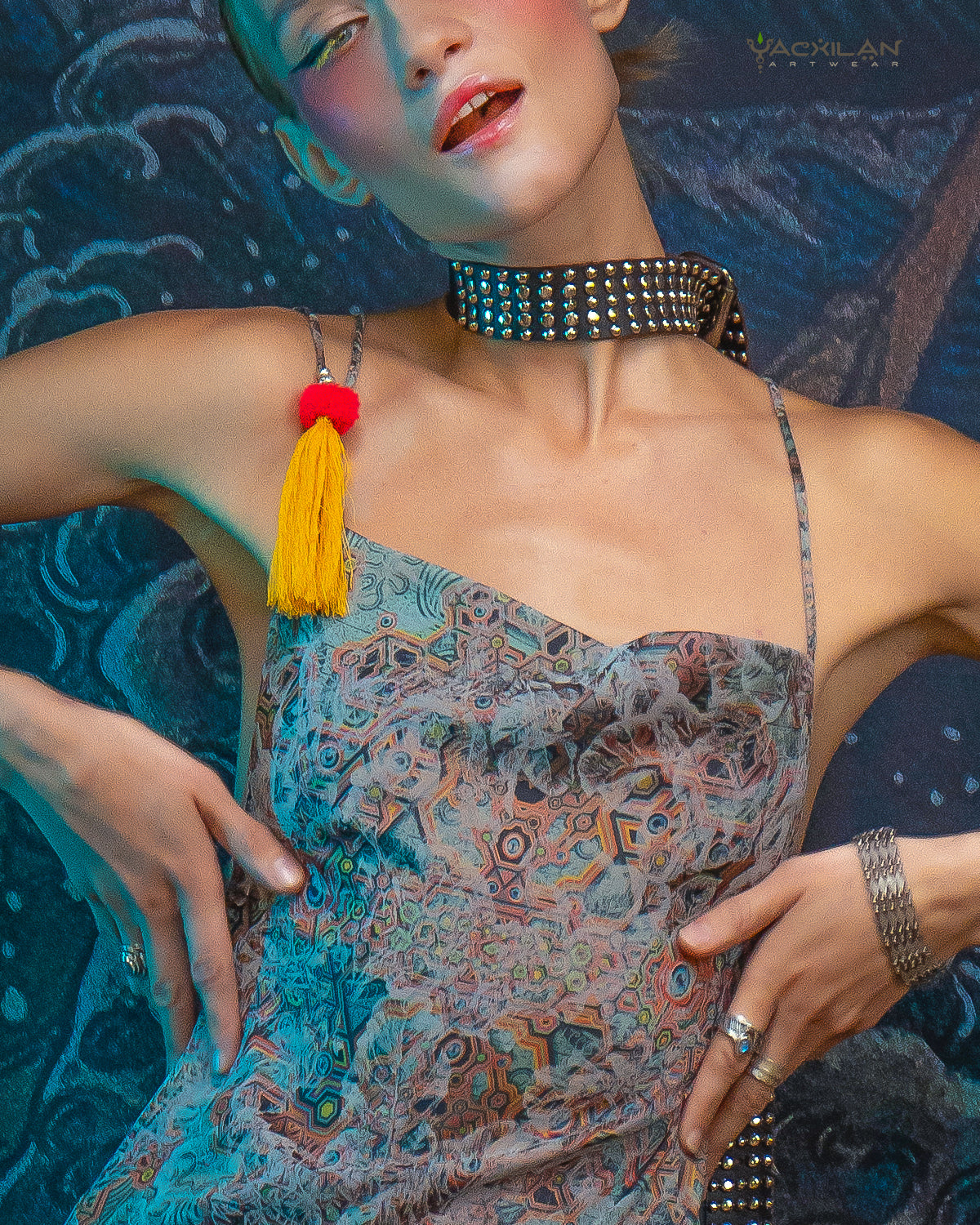 Long BOMB DRESS / Silk Stretchy Jaquard Flower Silver - ATLANTIS