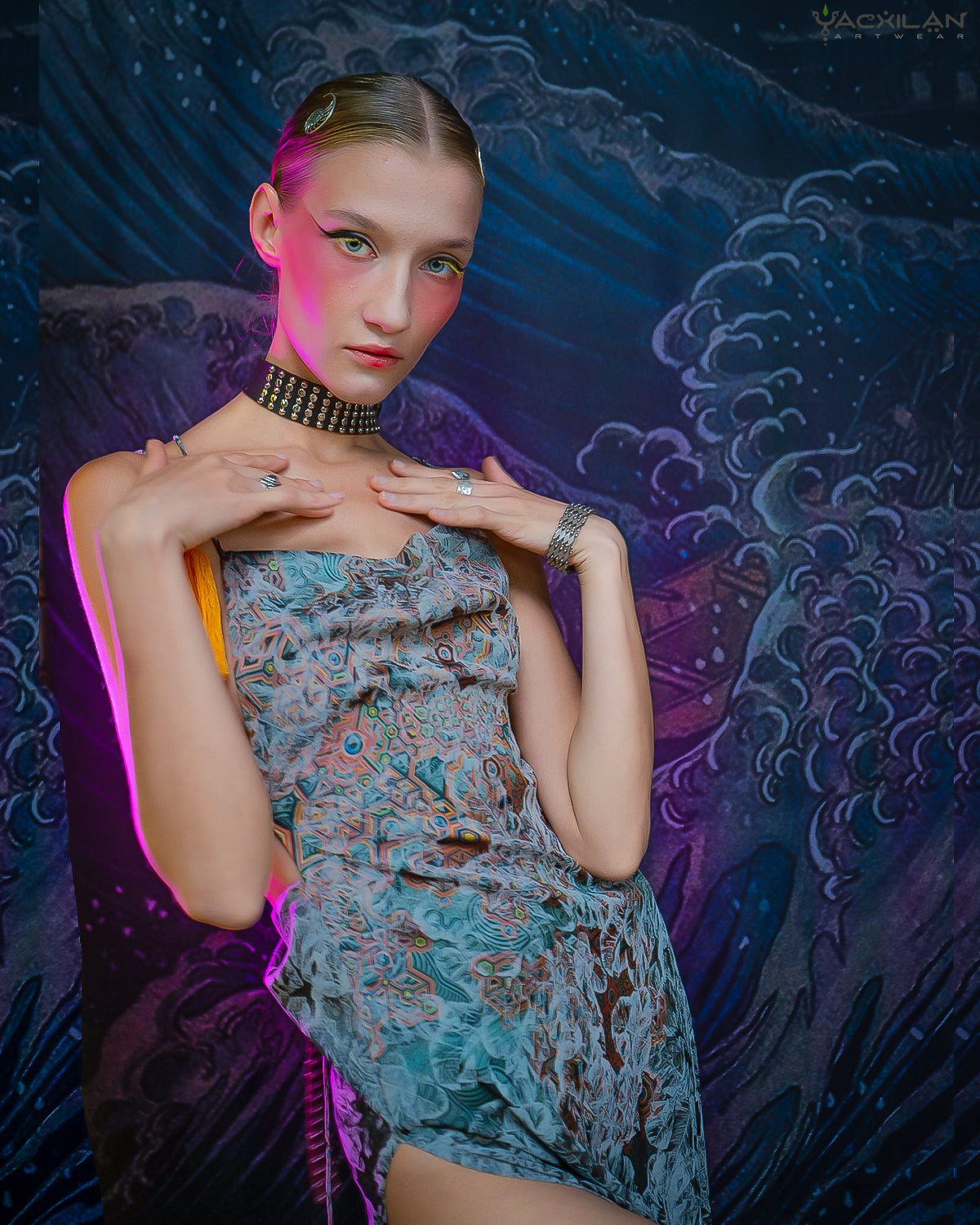 Long BOMB DRESS / Silk Stretchy Jaquard Flower Silver - ATLANTIS