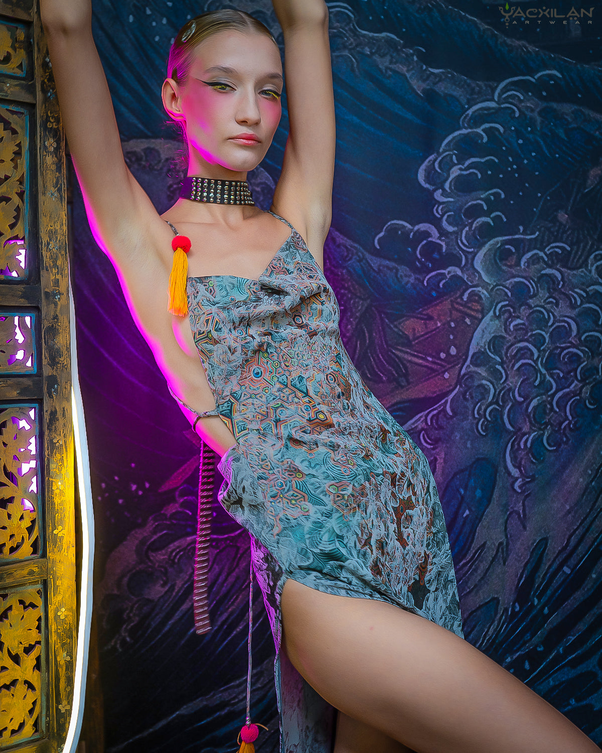 Long BOMB DRESS / Silk Stretchy Jaquard Flower Silver - ATLANTIS