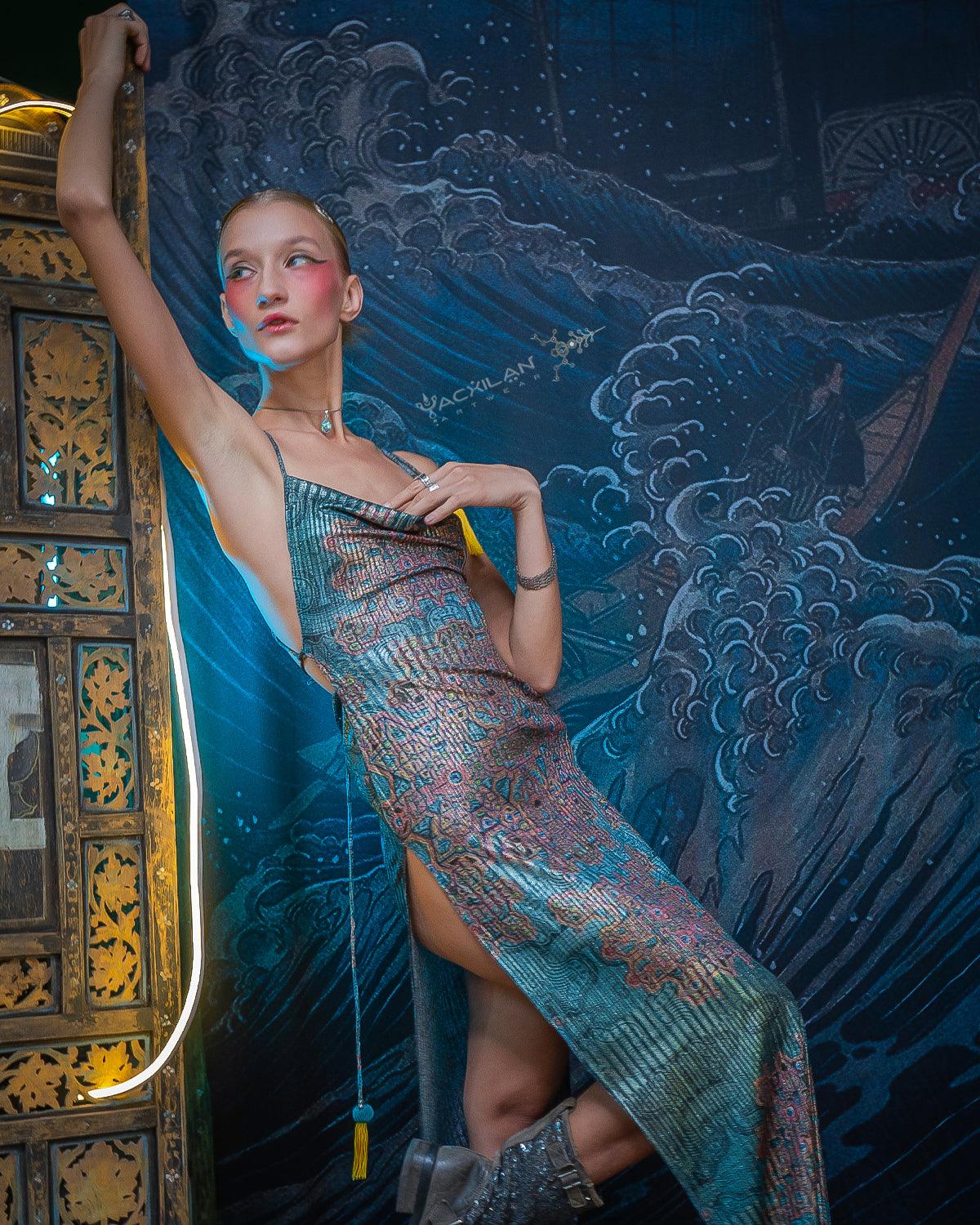 Long Bomb Dress / SIlver Strïppes Knits - ATLANTIS - Yacxilan Artwear