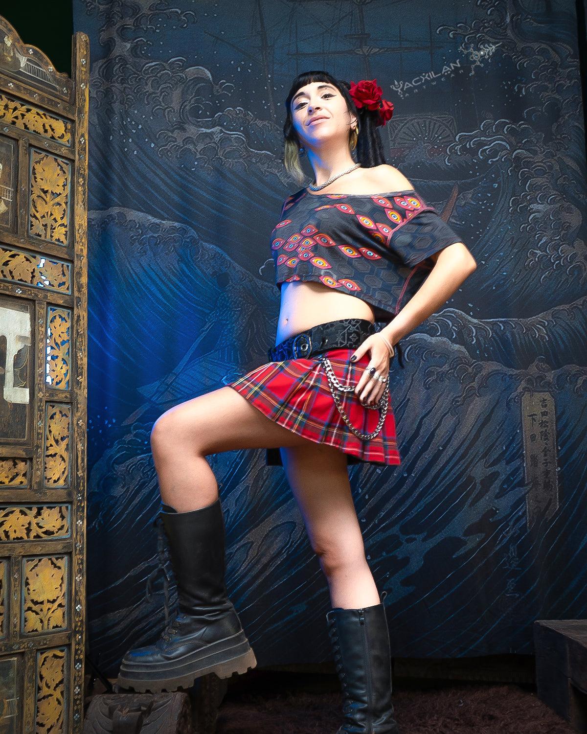 Mini Skirt Woman / Scottish Tartan - Red ROSES - Yacxilan Artwear