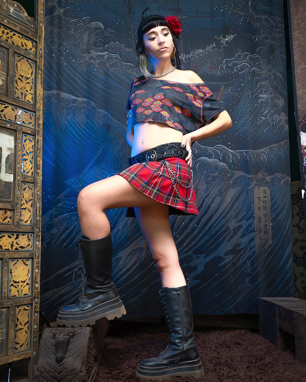 Mini Skirt Woman / Scottish Tartan - Red ROSES - Yacxilan Artwear
