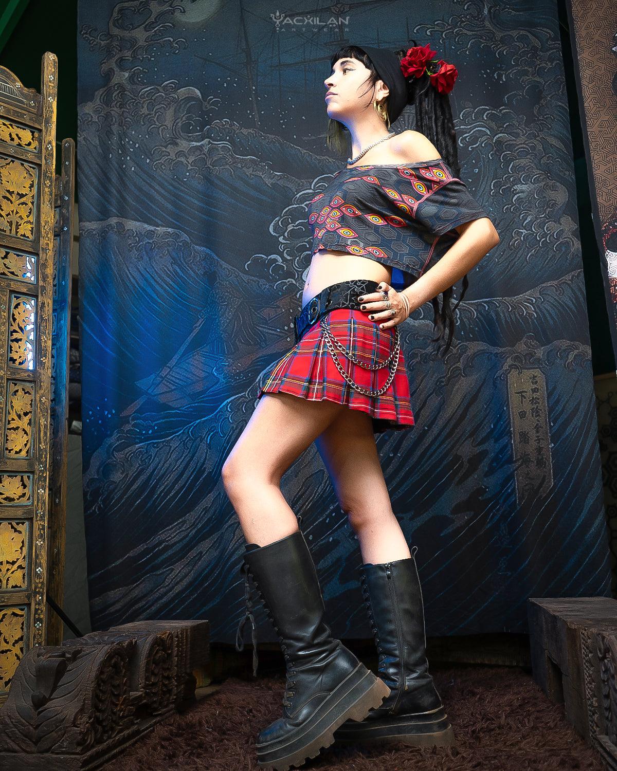 Mini Skirt Woman / Scottish Tartan - Red ROSES - Yacxilan Artwear