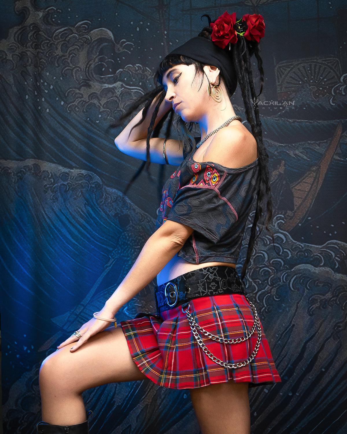 Mini Skirt Woman / Scottish Tartan - Red ROSES - Yacxilan Artwear