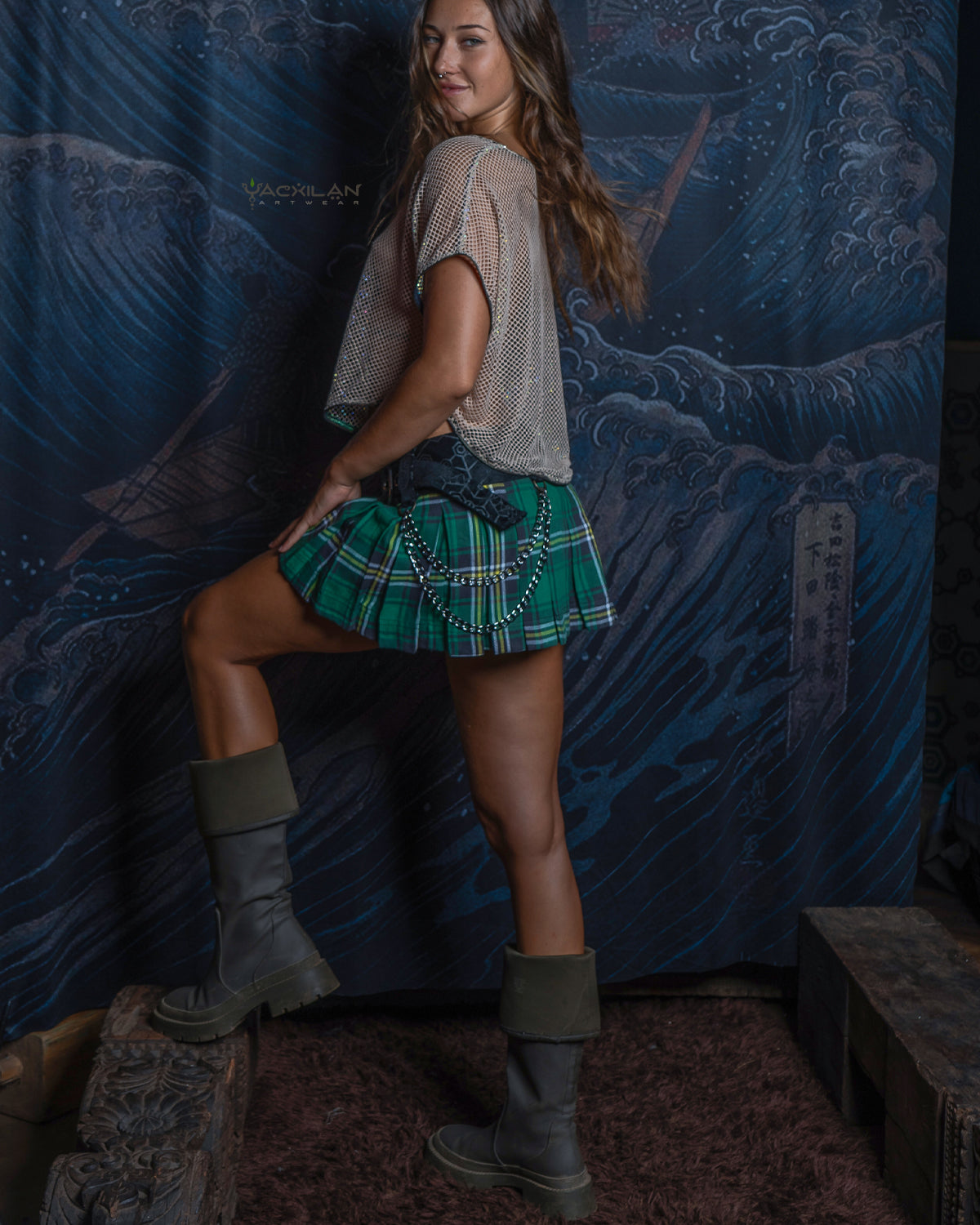 Mini Skirt Tribal / Scottish Tartan Velvet Belt - Green EIRE