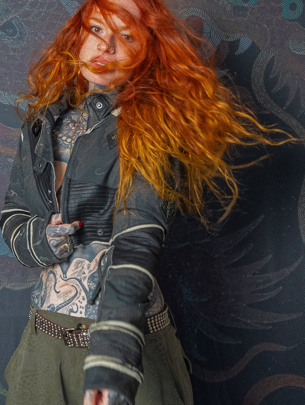 Crop Jacket Neotokyo Punk  / Cotton Looper Fake Leather - DRAGONS