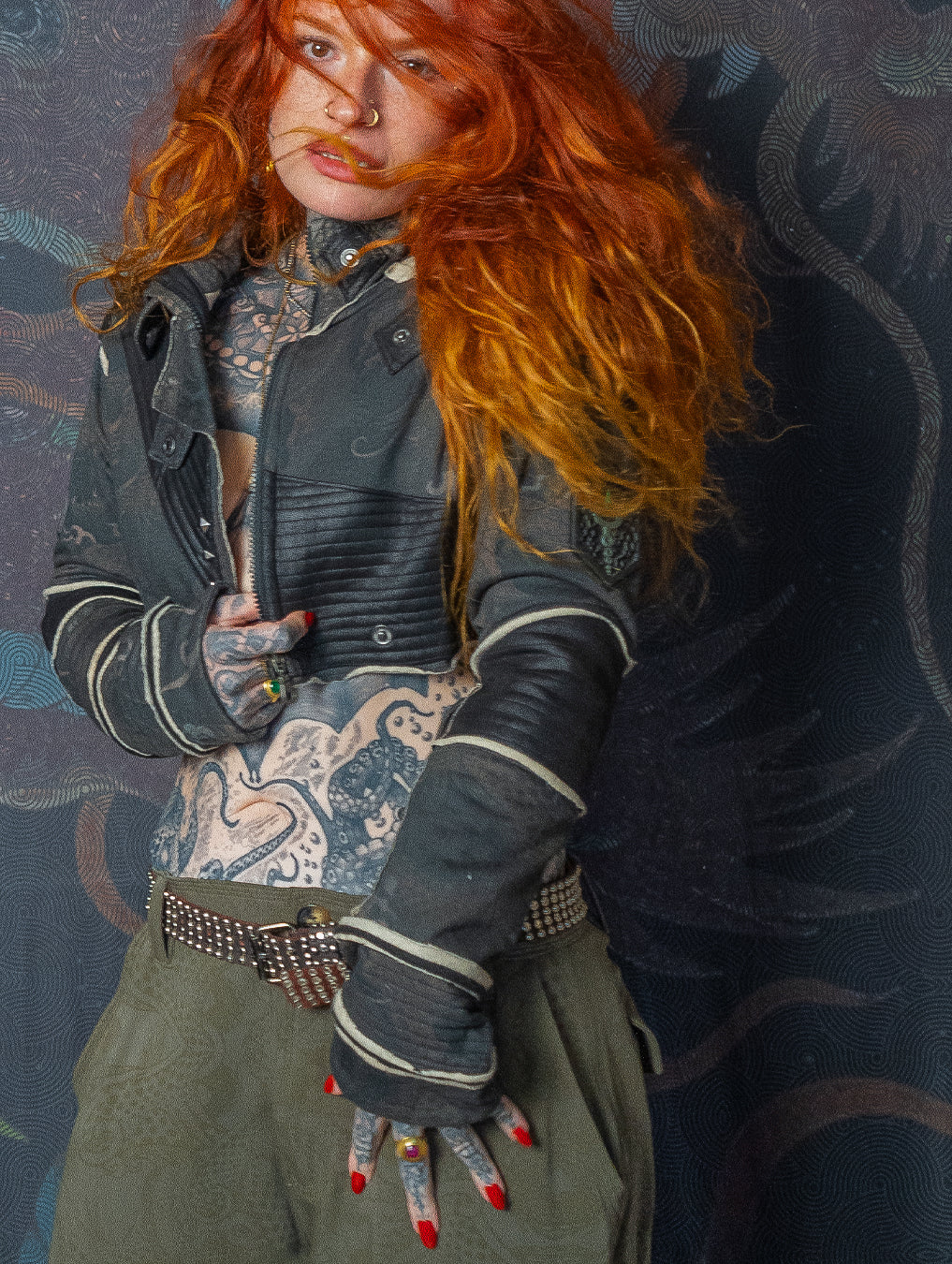 Crop Jacket Neotokyo Punk  / Cotton Looper Fake Leather - DRAGONS