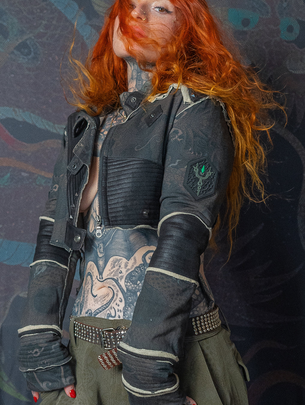 Crop Jacket Neotokyo Punk  / Cotton Looper Fake Leather - DRAGONS