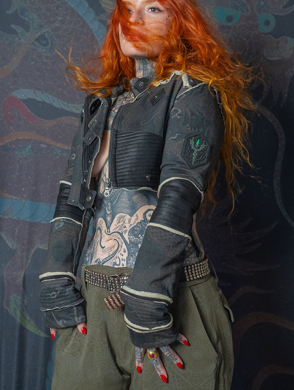 Crop Jacket Neotokyo Punk  / Cotton Looper Fake Leather - DRAGONS