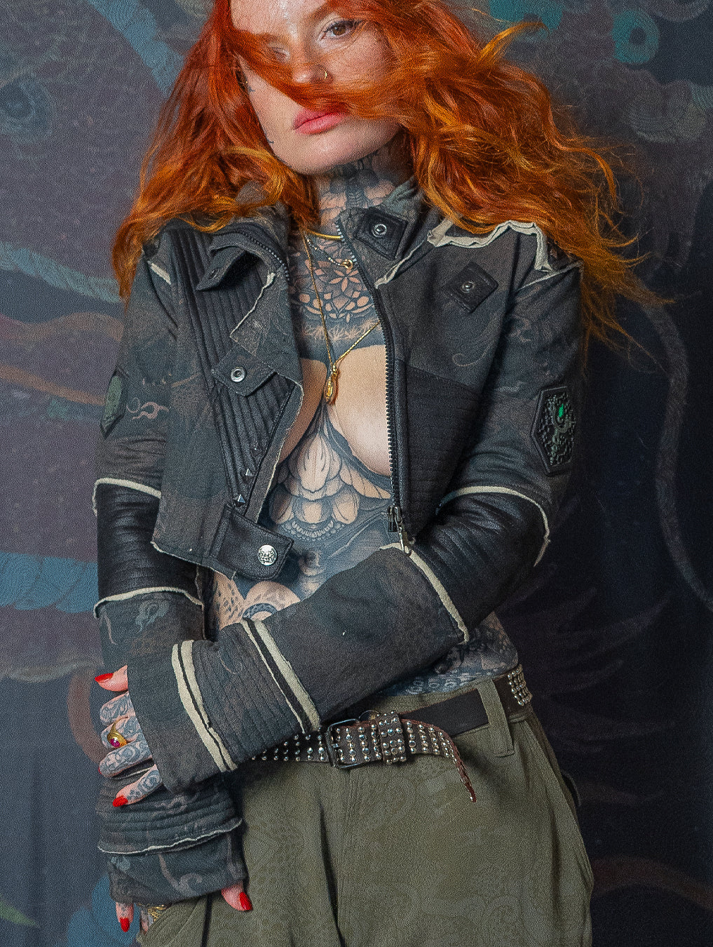 Crop Jacket Neotokyo Punk  / Cotton Looper Fake Leather - DRAGONS