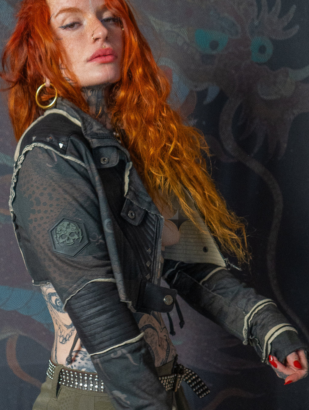 Crop Jacket Neotokyo Punk  / Cotton Looper Fake Leather - DRAGONS