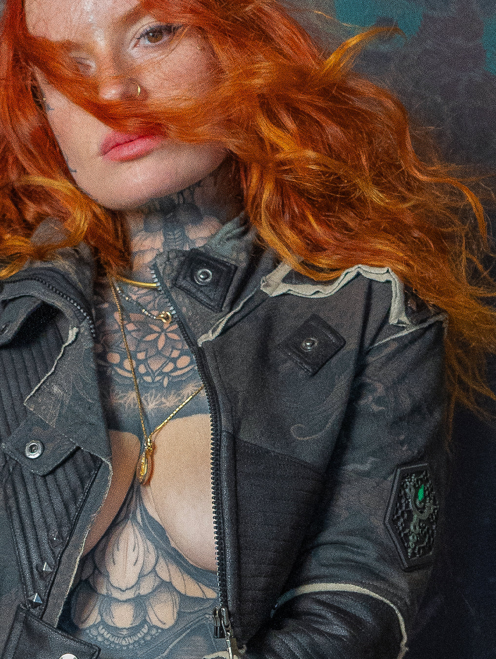 Crop Jacket Neotokyo Punk  / Cotton Looper Fake Leather - DRAGONS