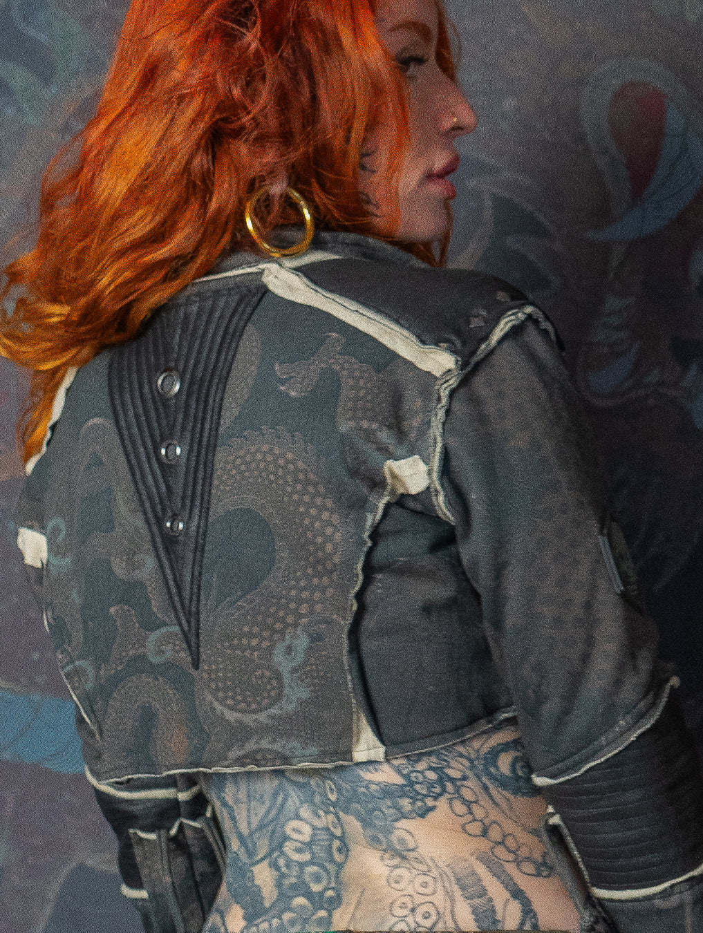 Crop Jacket Neotokyo Punk  / Cotton Looper Fake Leather - DRAGONS