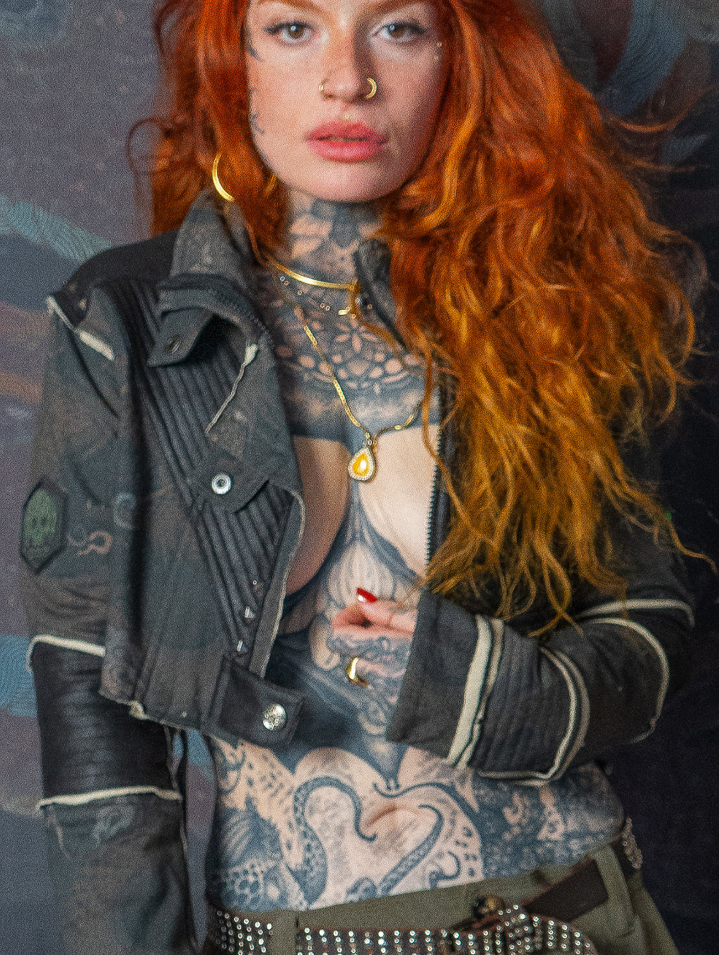 Crop Jacket Neotokyo Punk  / Cotton Looper Fake Leather - DRAGONS