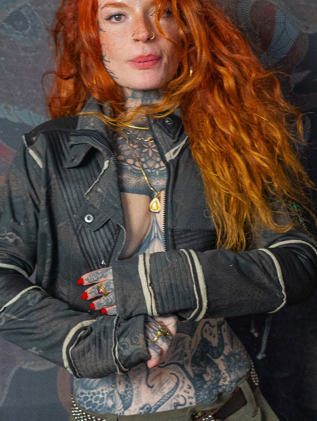 Crop Jacket Neotokyo Punk  / Cotton Looper Fake Leather - DRAGONS