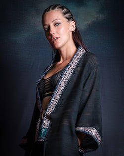 Japanese Kimono / Woven & Jaquard - BLACK BOHO TRIBAL - Yacxilan Artwear