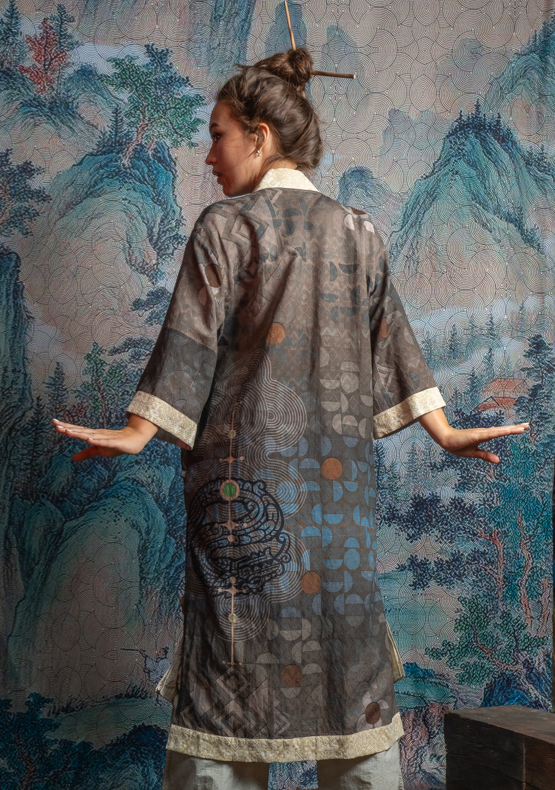 Open Kimono / Organic Bio Farms Linen - BOHOCAO White Border MAYAZ