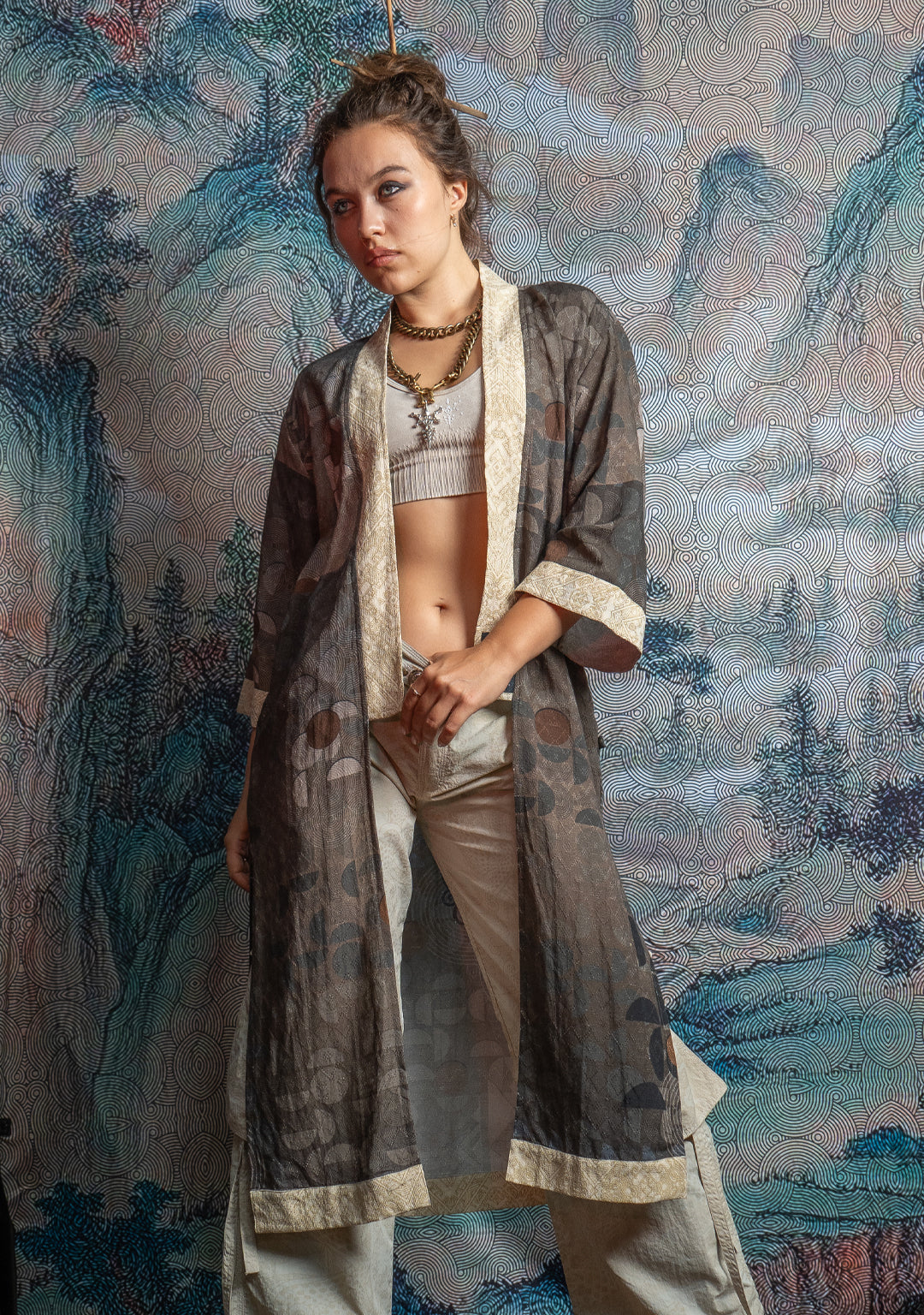 Open Kimono / Organic Bio Farms Linen - BOHOCAO White Border MAYAZ