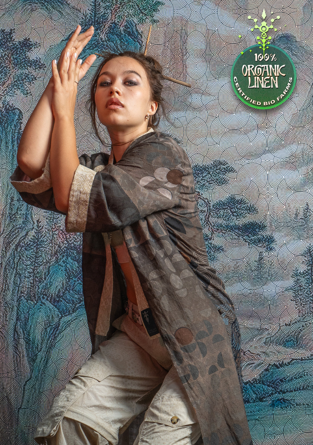 Open Kimono / Organic Bio Farms Linen - BOHOCAO White Border MAYAZ