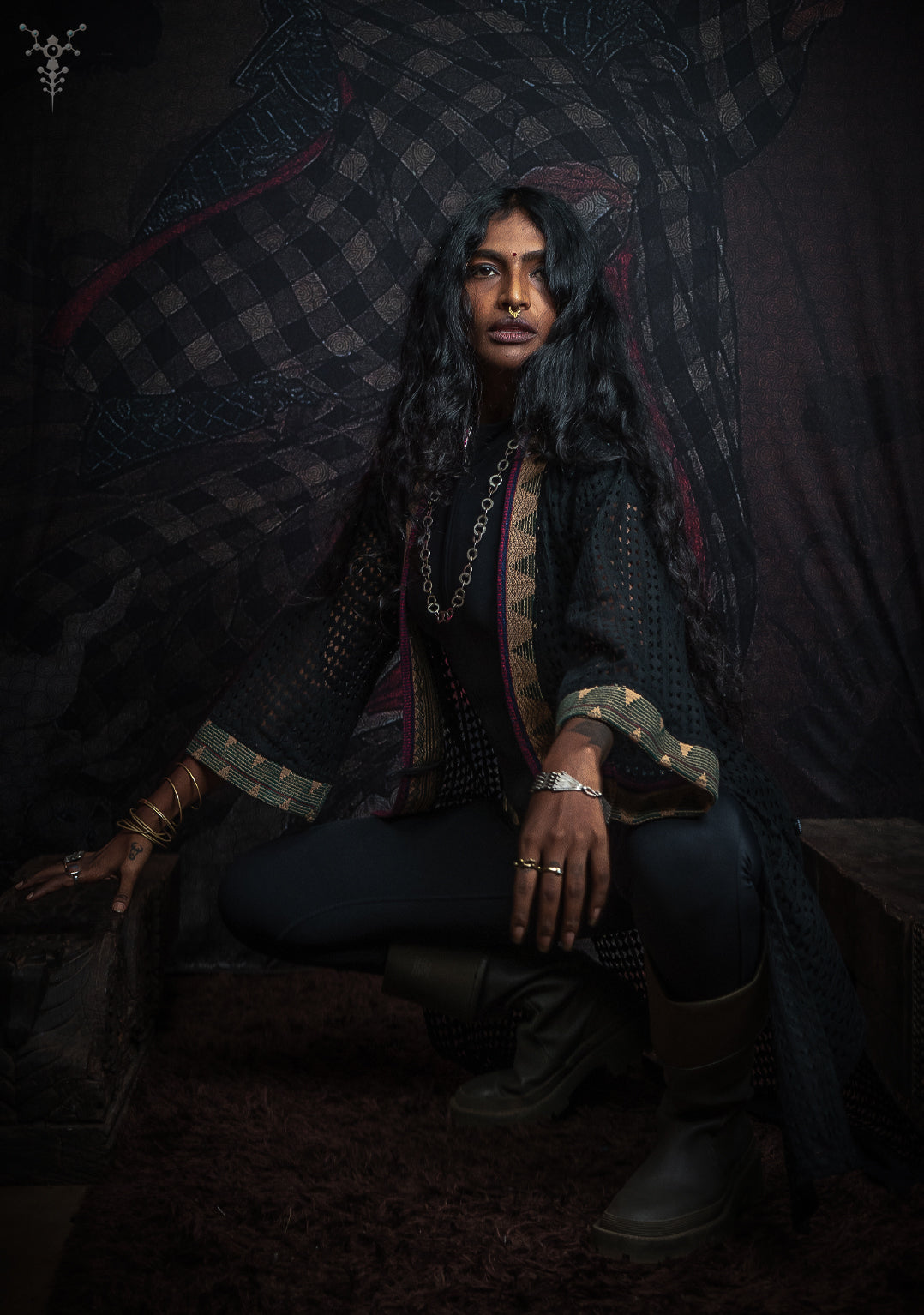 Open Kimono  / Net Jaquard Border - Black NAGALAND