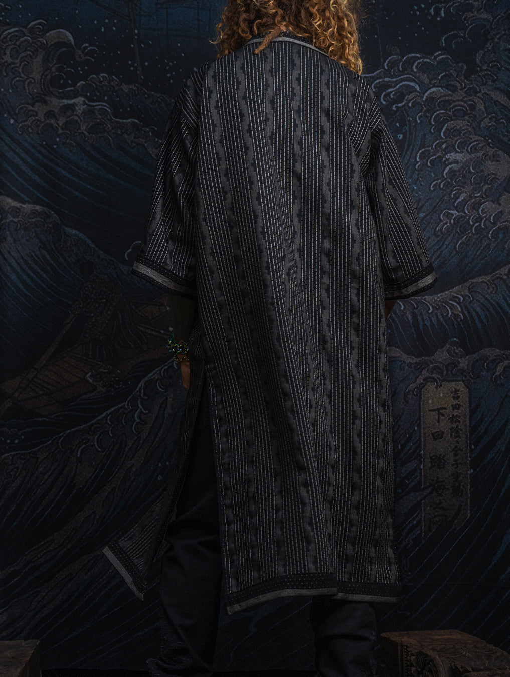 Open Kimono  / Indonesian Woven Super Black Reversible - TRIBAL TRAILS