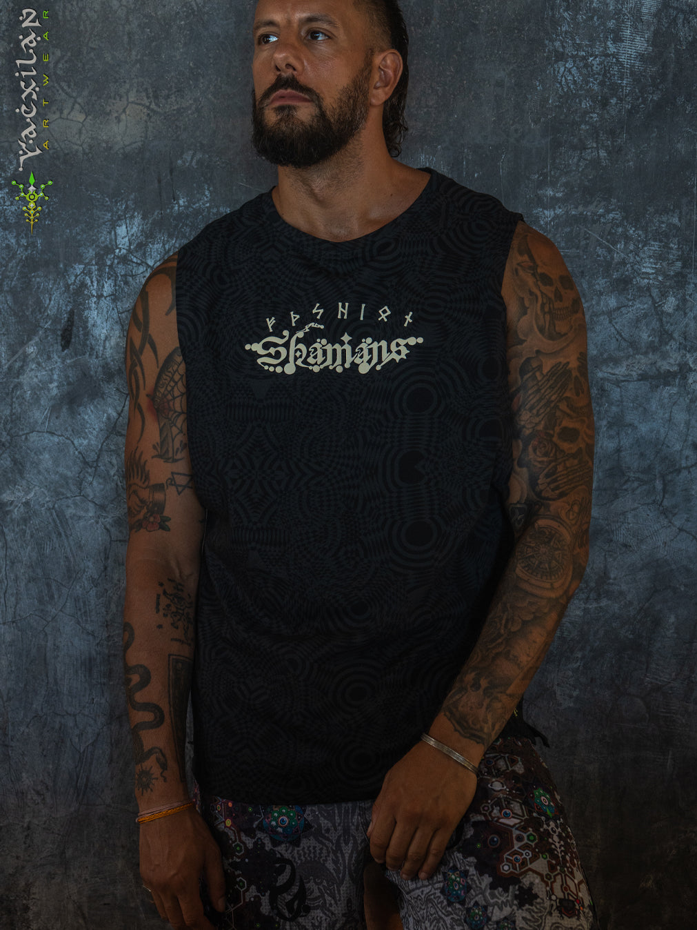 Open Tank Top Men / Black Cotton Shinker - WIERD NOISES SHAMANS White