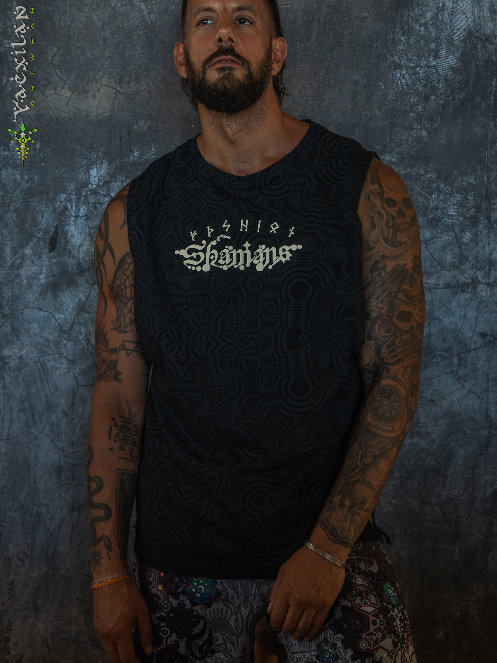 Open Tank Top Men / Black Cotton Shinker - WIERD NOISES SHAMANS White