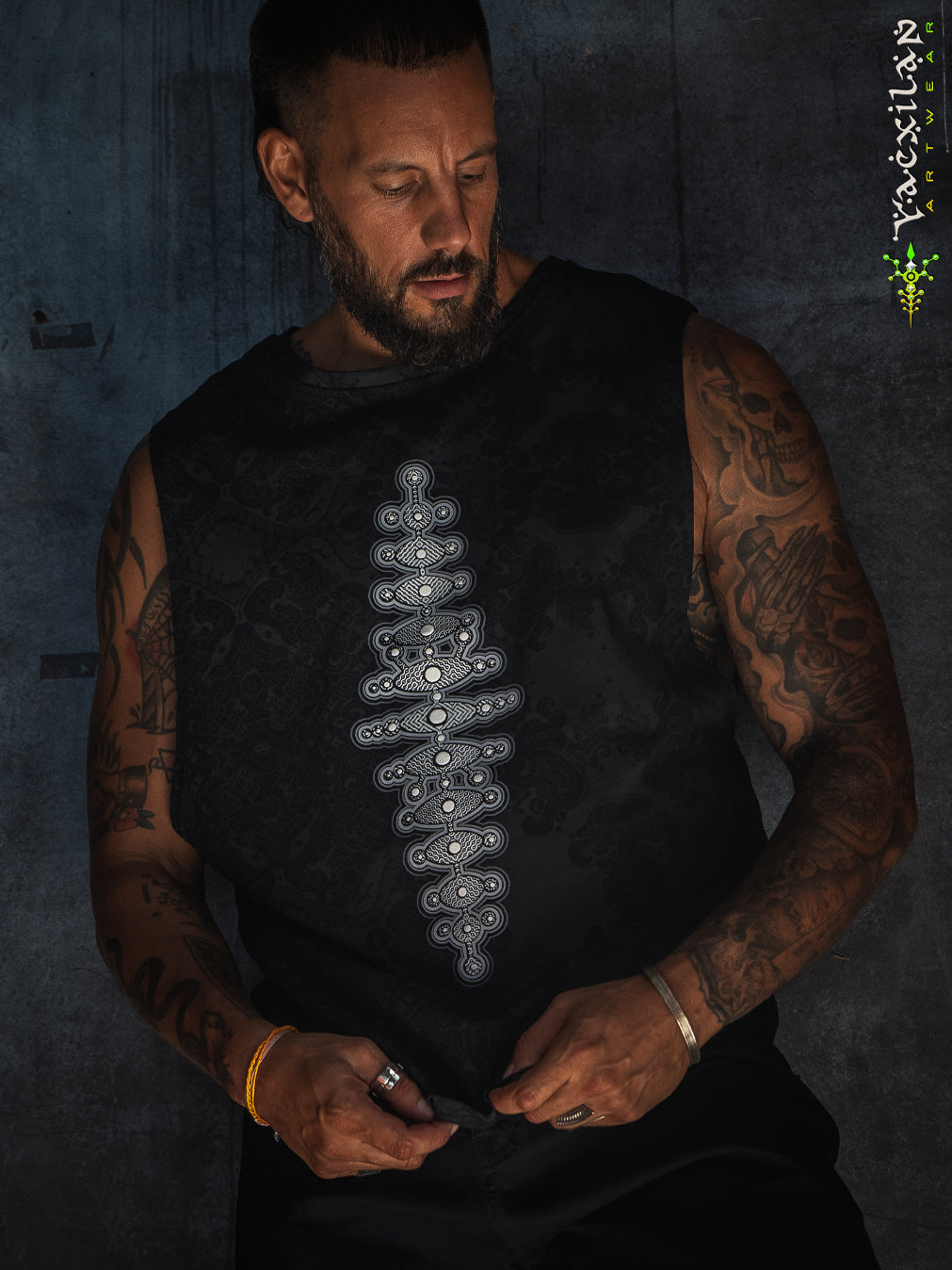 Open Tank Top Men / Black Cotton Shinker - MAYAN CODEX Galactik Spine