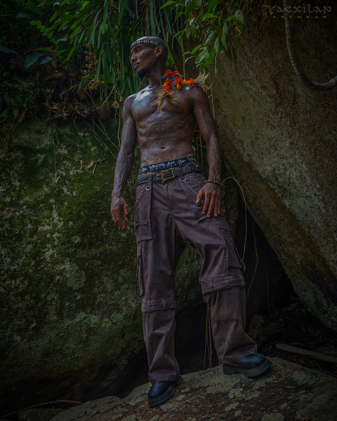 Pants Men Baggy Pockets / Cotton Printed - Brown MAYAN CODEX